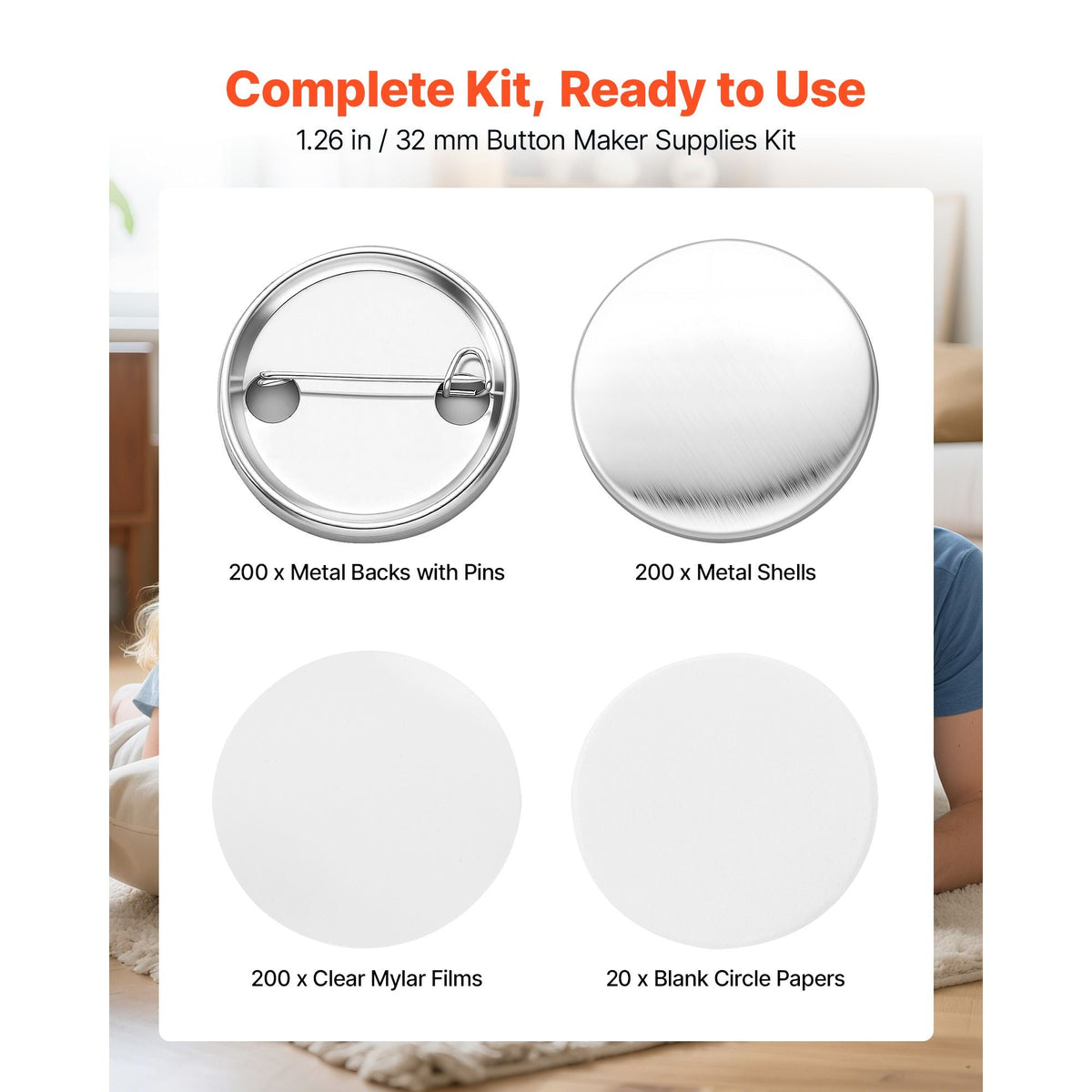 Button Maker Supplies 200 Sets 1.26 in / 32 mm Pin Back Button Parts, with Metal Backs, Metal Shells, Clear Mylar Films, and Blank Circle Papers, for Home DIY, School Events, and Custom Studio