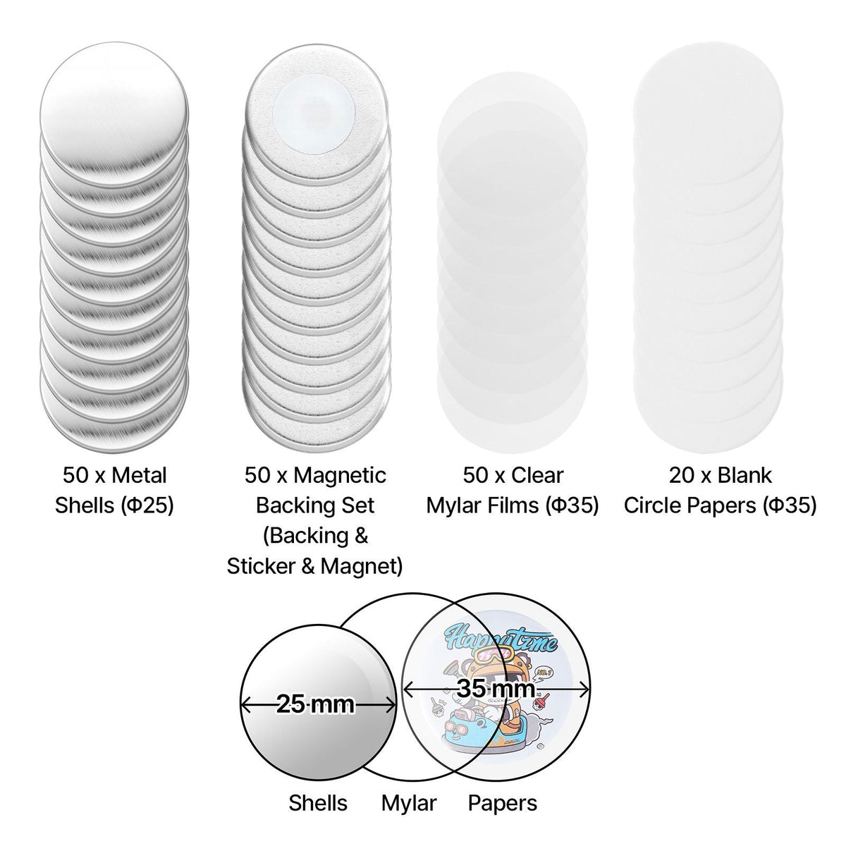 Button Maker Supplies 50 Sets 0.98 in / 25 mm Refrigerator Magnets, Button Parts with Magnetic Backs, Metal Shells, Clear Mylar Films, and Blank Circle Papers, for Home DIY and Kitchen Decor