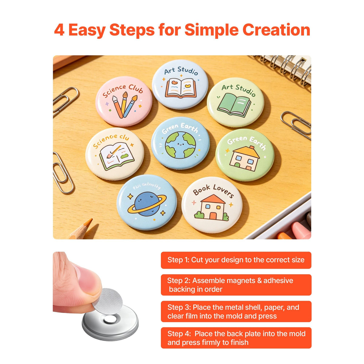 Button Maker Supplies 50 Sets 0.98 in / 25 mm Refrigerator Magnets, Button Parts with Magnetic Backs, Metal Shells, Clear Mylar Films, and Blank Circle Papers, for Home DIY and Kitchen Decor