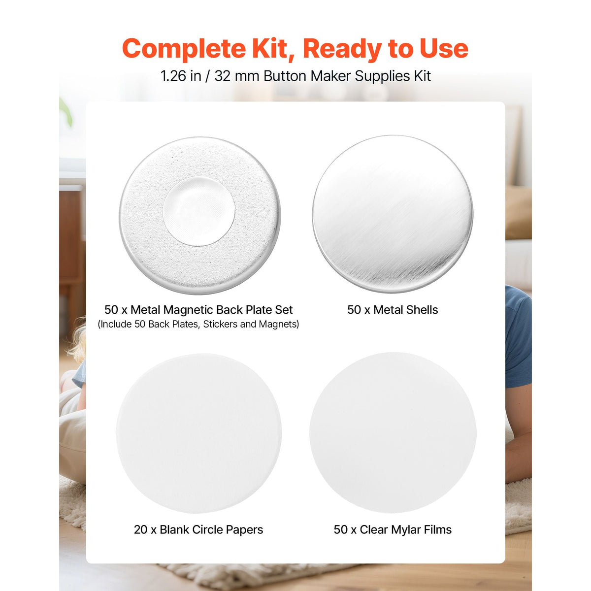 Button Maker Supplies 50 Sets 1.26 in / 32 mm Refrigerator Magnets, Button Parts with Magnetic Backs, Metal Shells, Clear Mylar Films, and Blank Circle Papers, for Home DIY and Kitchen Decor