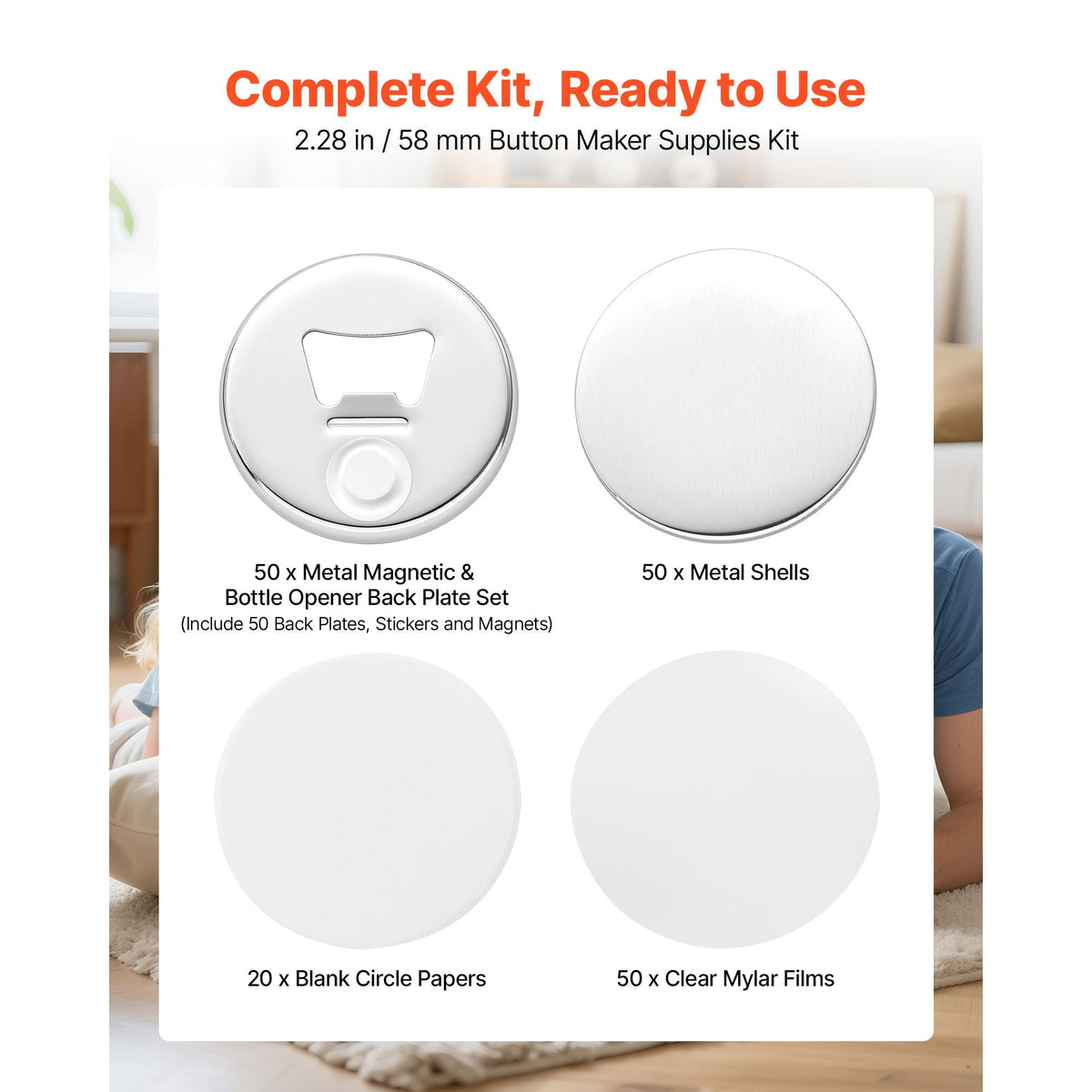 Button Maker Supplies 50 Sets 2.28 in / 58 mm Magnet Button Parts, with Magnetic and Bottle Opener Backs, Metal Shells, Clear Mylar Films, and Blank Circle Papers, for Home DIY, Kitchen Decor