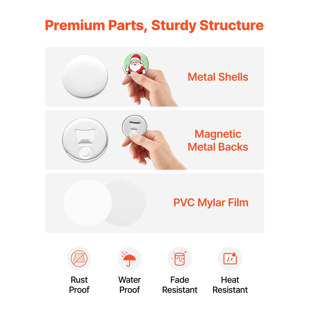 Button Maker Supplies 50 Sets 2.28 in / 58 mm Magnet Button Parts, with Magnetic and Bottle Opener Backs, Metal Shells, Clear Mylar Films, and Blank Circle Papers, for Home DIY, Kitchen Decor