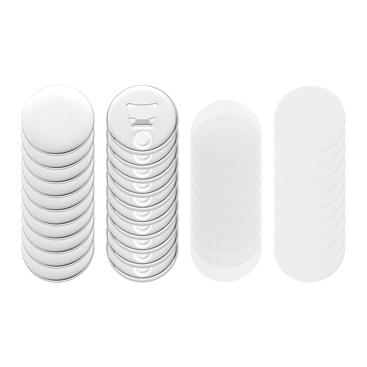 Button Maker Supplies 50 Sets 2.28 in / 58 mm Magnet Button Parts, with Magnetic and Bottle Opener Backs, Metal Shells, Clear Mylar Films, and Blank Circle Papers, for Home DIY, Kitchen Decor