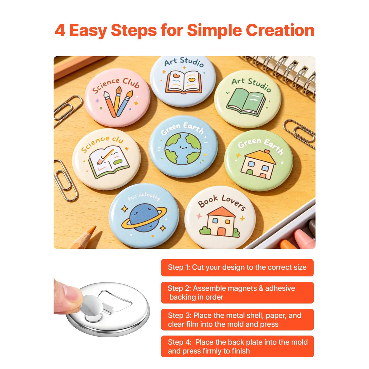 Button Maker Supplies 50 Sets 2.28 in / 58 mm Magnet Button Parts, with Magnetic and Bottle Opener Backs, Metal Shells, Clear Mylar Films, and Blank Circle Papers, for Home DIY, Kitchen Decor