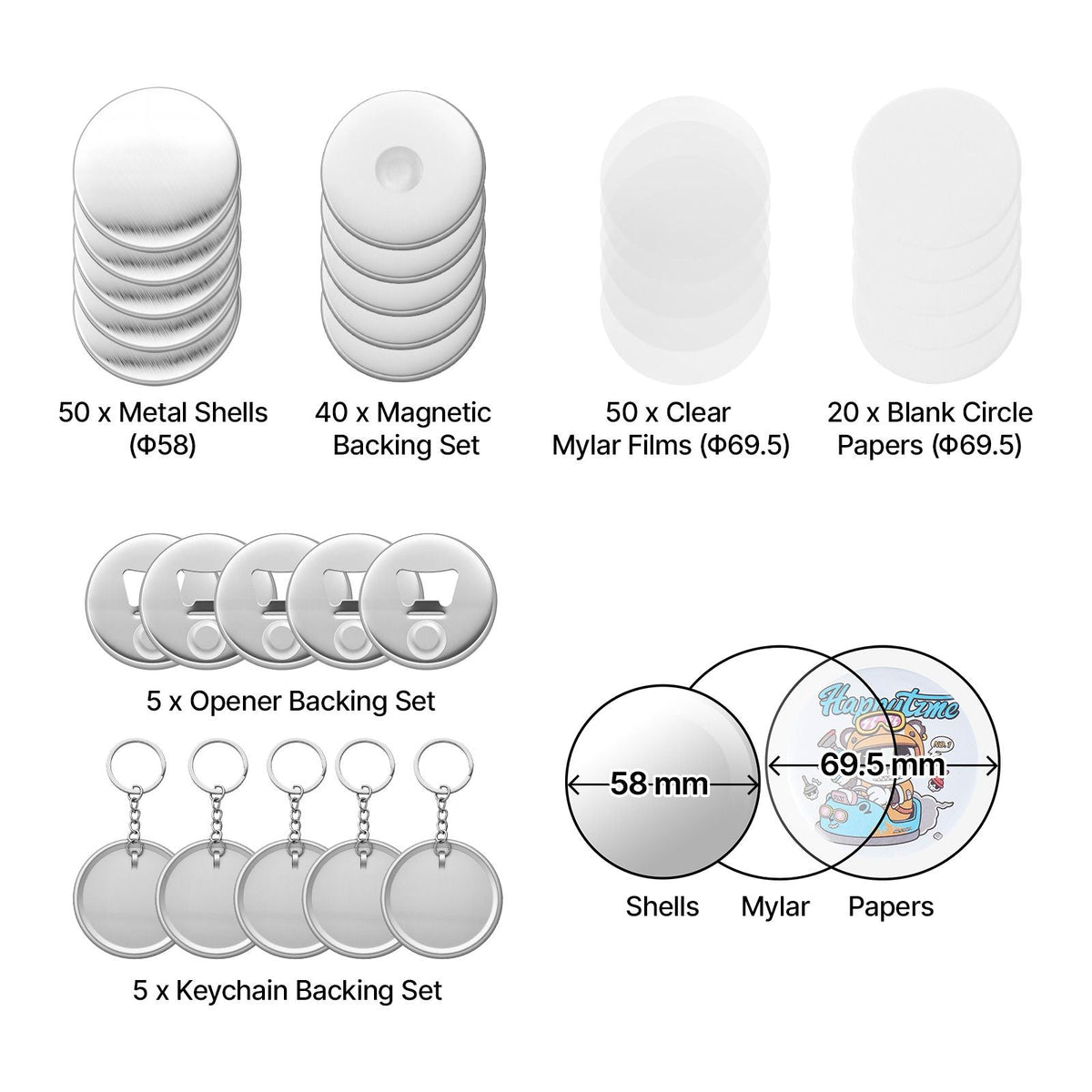 Button Maker Supplies 50 Sets 2.28 in / 58 mm Refrigerator Magnets, Bottle Openers, and Keychains Button Parts with Backs, Shells, Clear Mylar Films, and Blank Circle Papers, for Home DIY