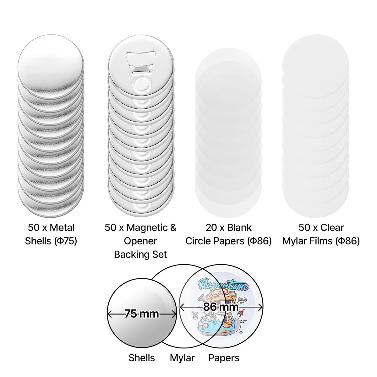 Button Maker Supplies 50 Sets 2.95 in / 75 mm Magnet Button Parts, with Magnetic and Bottle Opener Backs, Metal Shells, Clear Mylar Films, and Blank Circle Papers, for Home DIY, Kitchen Decor