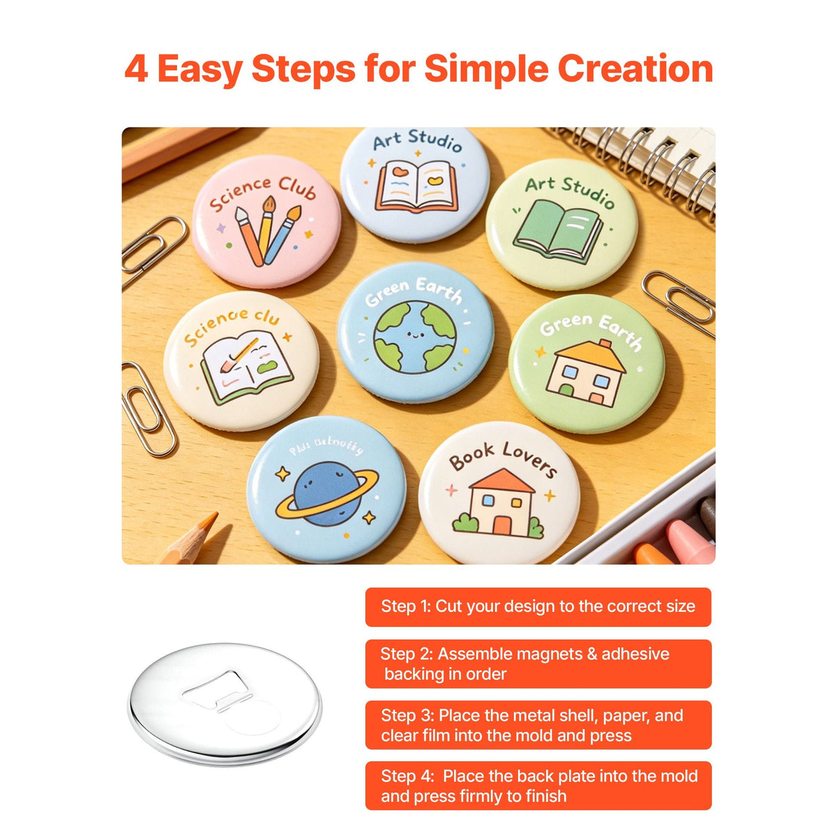Button Maker Supplies 50 Sets 2.95 in / 75 mm Magnet Button Parts, with Magnetic and Bottle Opener Backs, Metal Shells, Clear Mylar Films, and Blank Circle Papers, for Home DIY, Kitchen Decor
