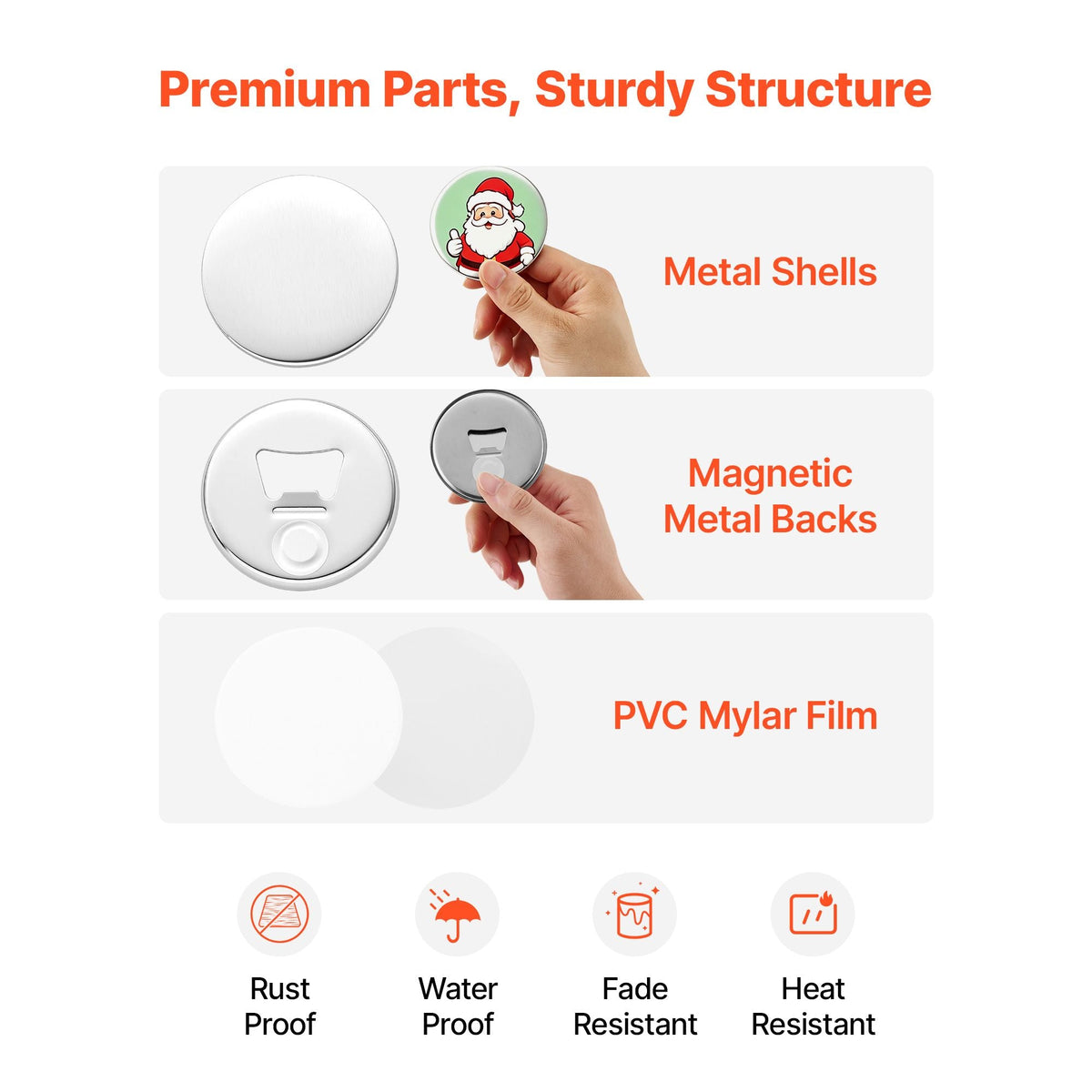 Button Maker Supplies 50 Sets 2.95 in / 75 mm Magnet Button Parts, with Magnetic and Bottle Opener Backs, Metal Shells, Clear Mylar Films, and Blank Circle Papers, for Home DIY, Kitchen Decor