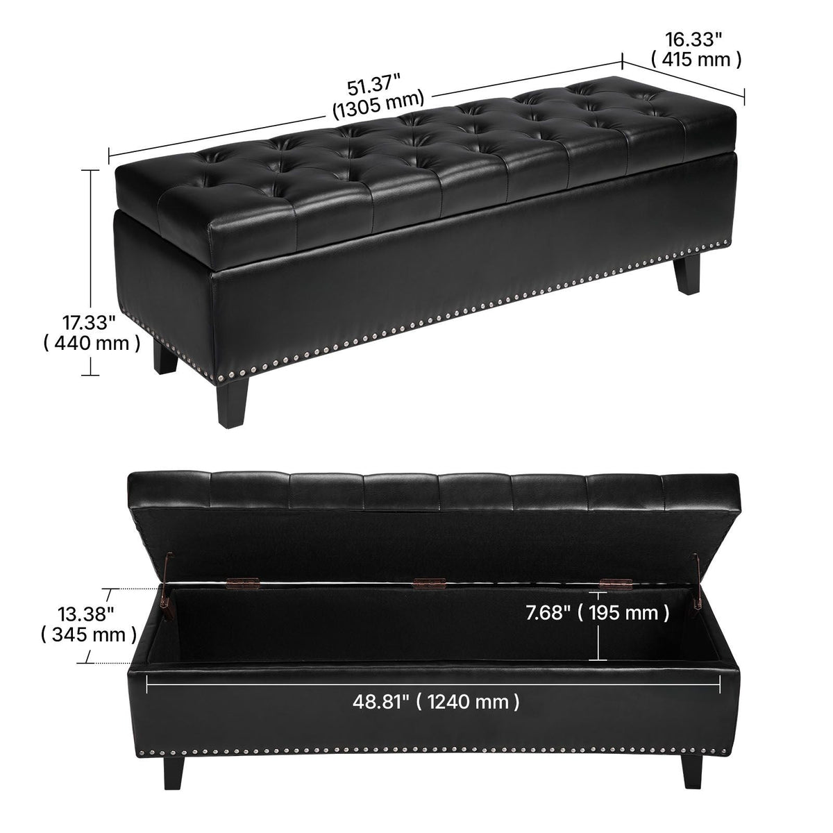 Button-Tufted Storage Ottoman Bench, PU Leather Bench with Storage and Solid Wood Legs, Modern Shoe Benches Seat for Entryway, Upholstered End of Bed Benches for Living Room, Dining Room, Black