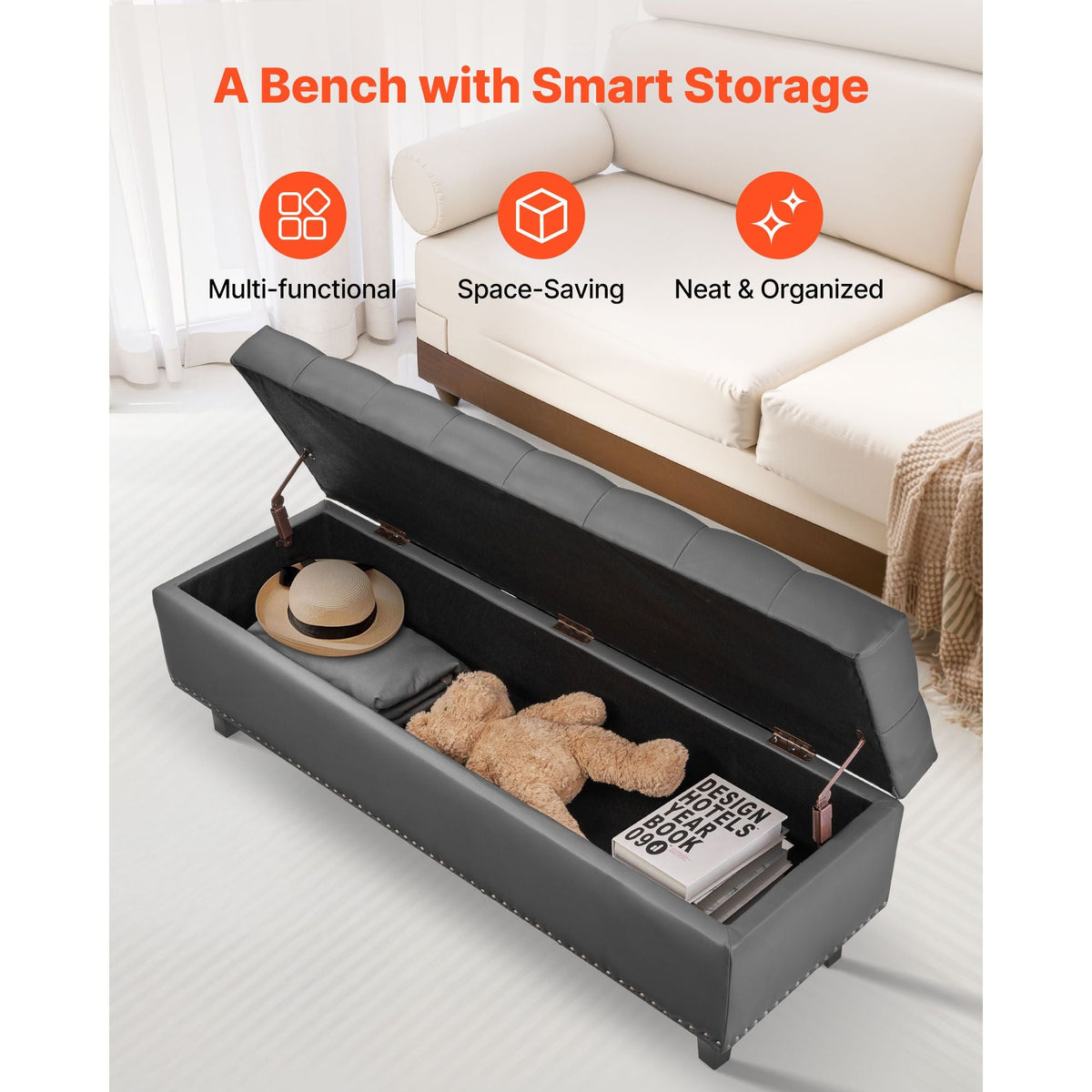 Button-Tufted Storage Ottoman Bench, PU Leather Bench with Storage and Solid Wood Legs, Modern Shoe Benches Seat for Entryway, Upholstered End of Bed Benches for Living Room, Dining Room, Gray
