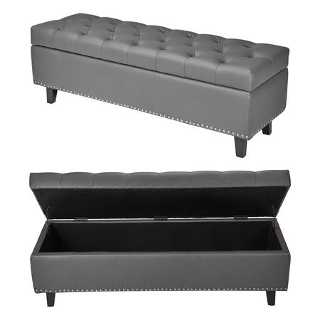 Button-Tufted Storage Ottoman Bench, PU Leather Bench with Storage and Solid Wood Legs, Modern Shoe Benches Seat for Entryway, Upholstered End of Bed Benches for Living Room, Dining Room, Gray