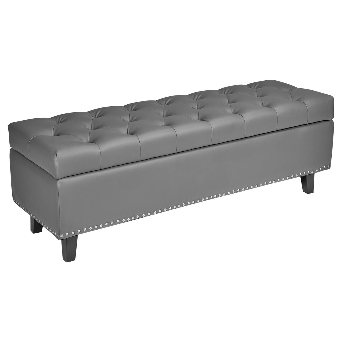Button-Tufted Storage Ottoman Bench, PU Leather Bench with Storage and Solid Wood Legs, Modern Shoe Benches Seat for Entryway, Upholstered End of Bed Benches for Living Room, Dining Room, Gray