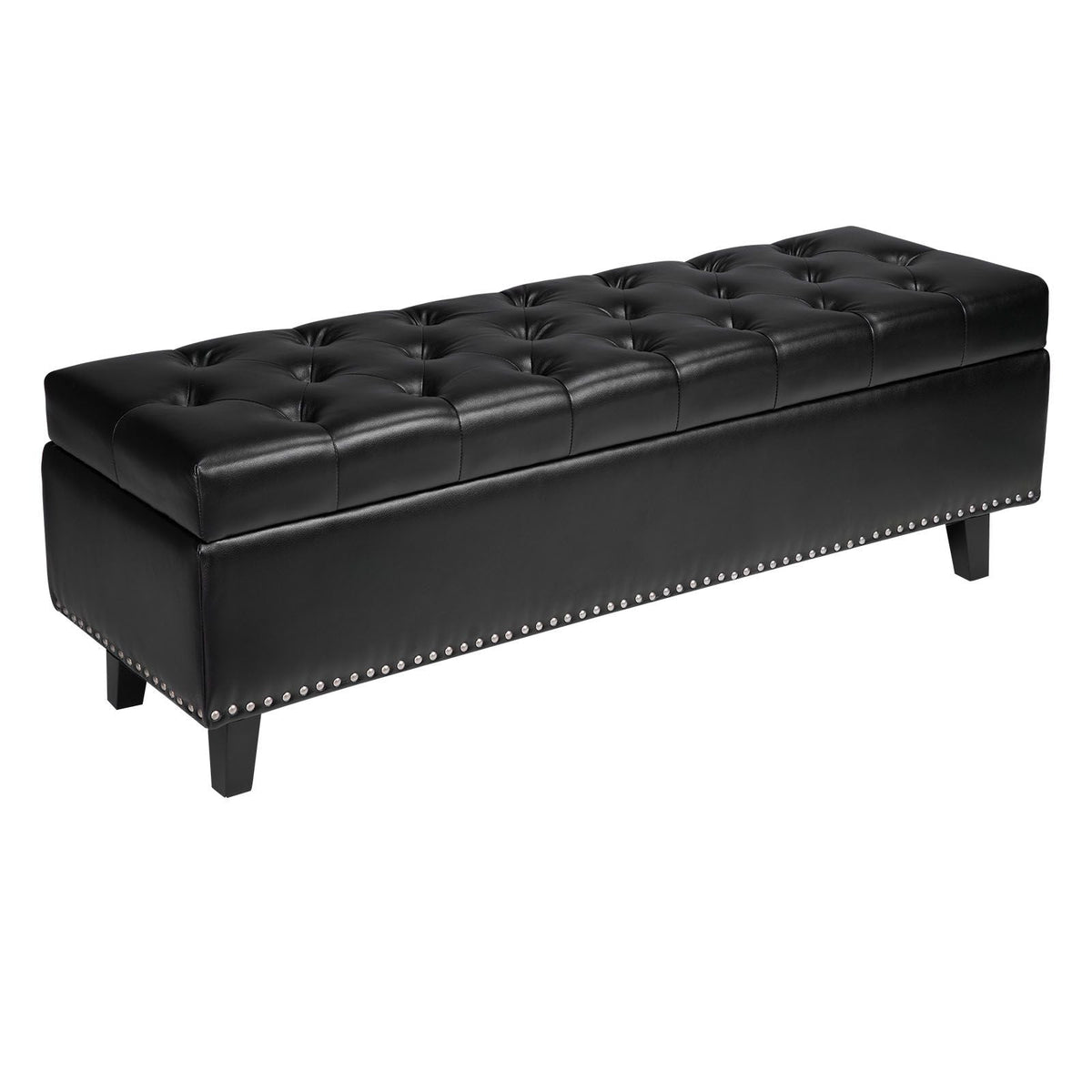 Button-Tufted Storage Ottoman Bench, PU Leather Bench with Storage and Solid Wood Legs, Modern Shoe Benches Seat for Entryway, Upholstered End of Bed Benches for Living Room, Dining Room, Black