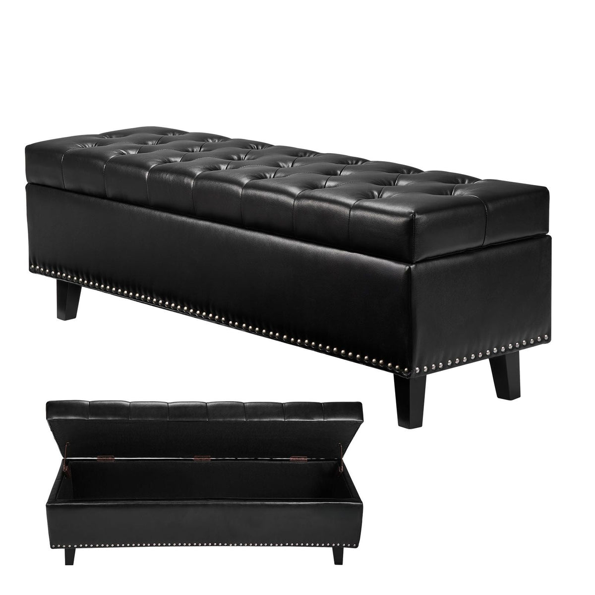 Button-Tufted Storage Ottoman Bench, PU Leather Bench with Storage and Solid Wood Legs, Modern Shoe Benches Seat for Entryway, Upholstered End of Bed Benches for Living Room, Dining Room, Black