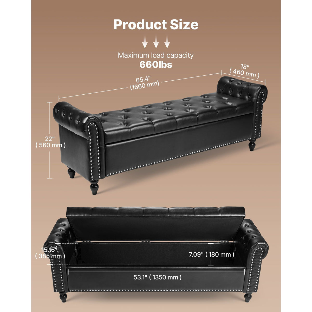 Button-Tufted Storage Ottoman Bench, Rolled Arm PU Leather Bench with Solid Wood Legs, Modern Shoe Benches Seat for Entryway, Upholstered End of Bed Benches for Living Room, Dining Room, Black