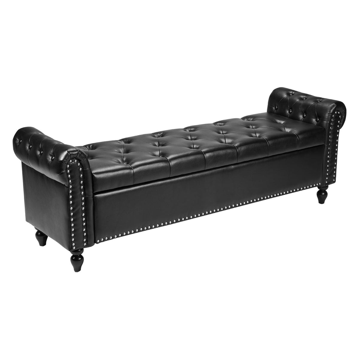 Button-Tufted Storage Ottoman Bench, Rolled Arm PU Leather Bench with Solid Wood Legs, Modern Shoe Benches Seat for Entryway, Upholstered End of Bed Benches for Living Room, Dining Room, Black
