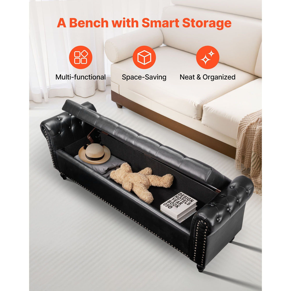 Button-Tufted Storage Ottoman Bench, Rolled Arm PU Leather Bench with Solid Wood Legs, Modern Shoe Benches Seat for Entryway, Upholstered End of Bed Benches for Living Room, Dining Room, Black
