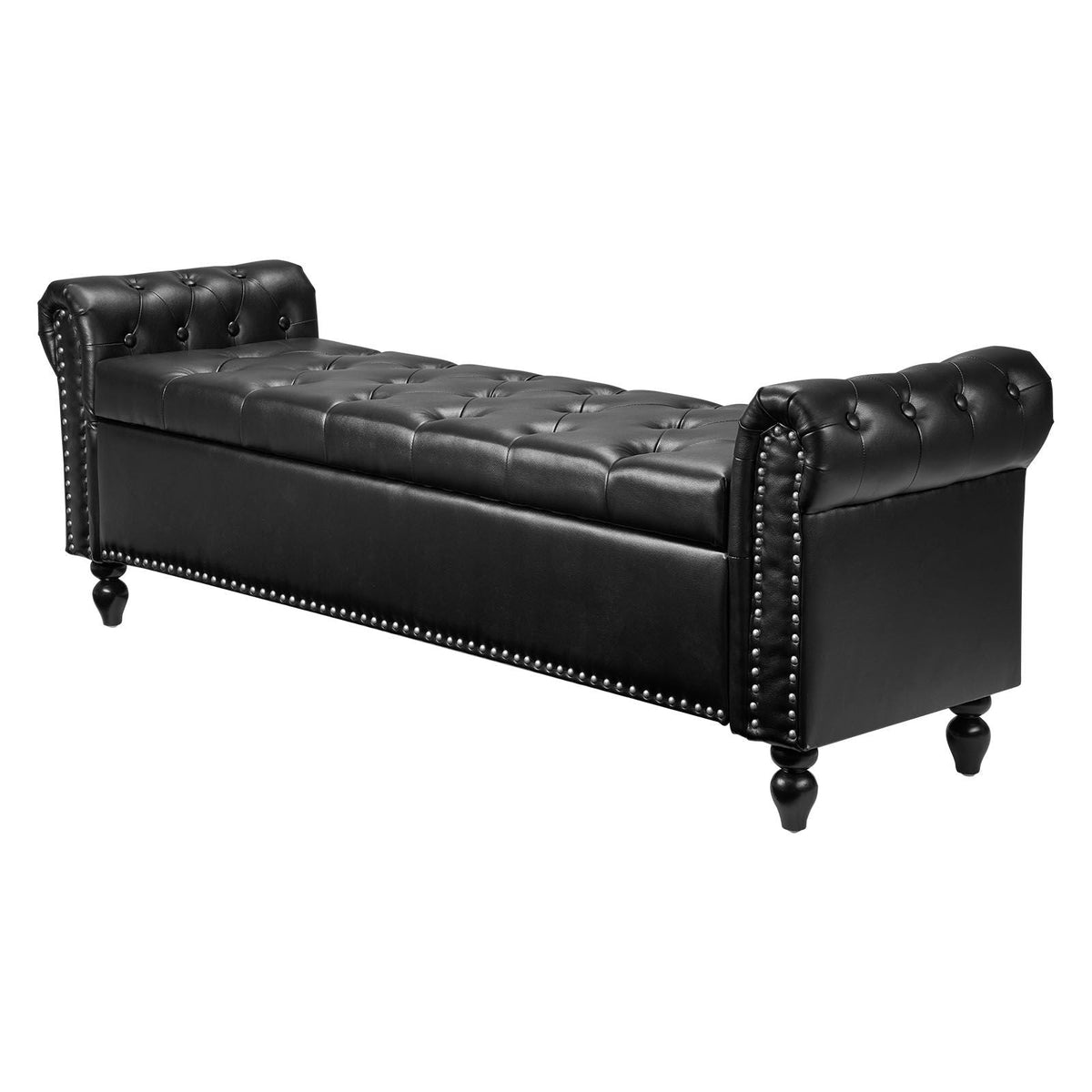 Button-Tufted Storage Ottoman Bench, Rolled Arm PU Leather Bench with Solid Wood Legs, Modern Shoe Benches Seat for Entryway, Upholstered End of Bed Benches for Living Room, Dining Room, Black