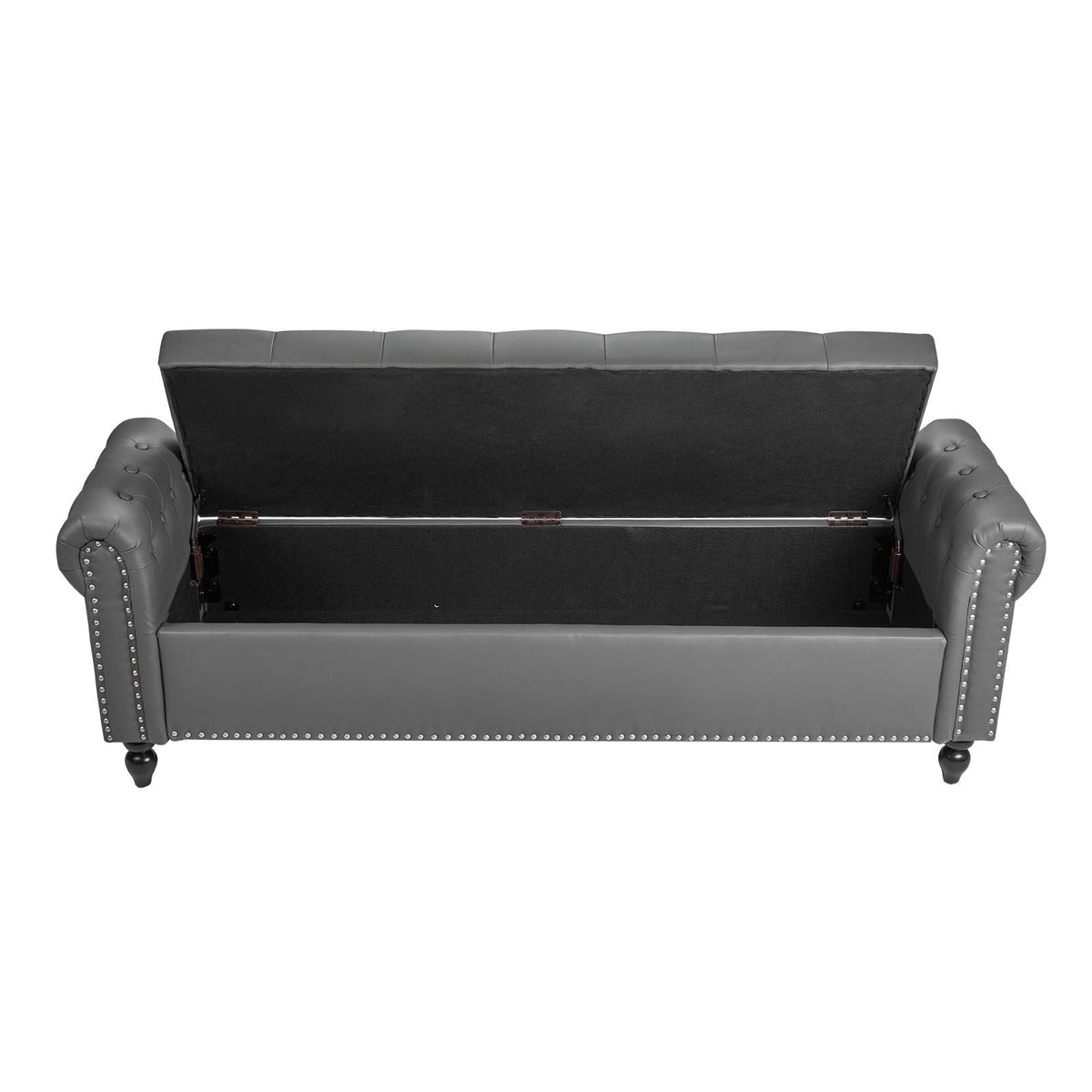 Button-Tufted Storage Ottoman Bench, Rolled Arm PU Leather Bench with Solid Wood Legs, Modern Shoe Benches Seat for Entryway, Upholstered End of Bed Benches for Living Room, Dining Room, Gray