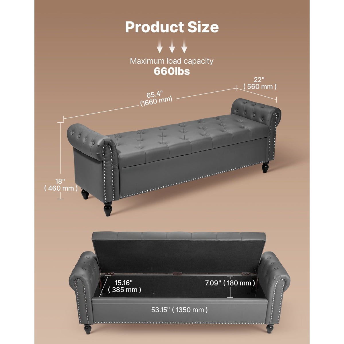 Button-Tufted Storage Ottoman Bench, Rolled Arm PU Leather Bench with Solid Wood Legs, Modern Shoe Benches Seat for Entryway, Upholstered End of Bed Benches for Living Room, Dining Room, Gray
