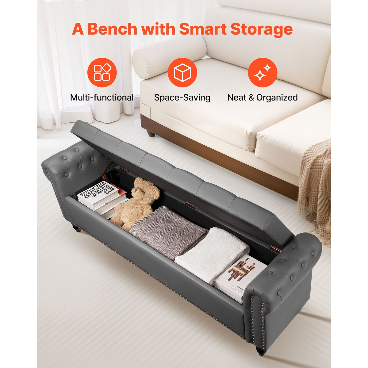 Button-Tufted Storage Ottoman Bench, Rolled Arm PU Leather Bench with Solid Wood Legs, Modern Shoe Benches Seat for Entryway, Upholstered End of Bed Benches for Living Room, Dining Room, Gray