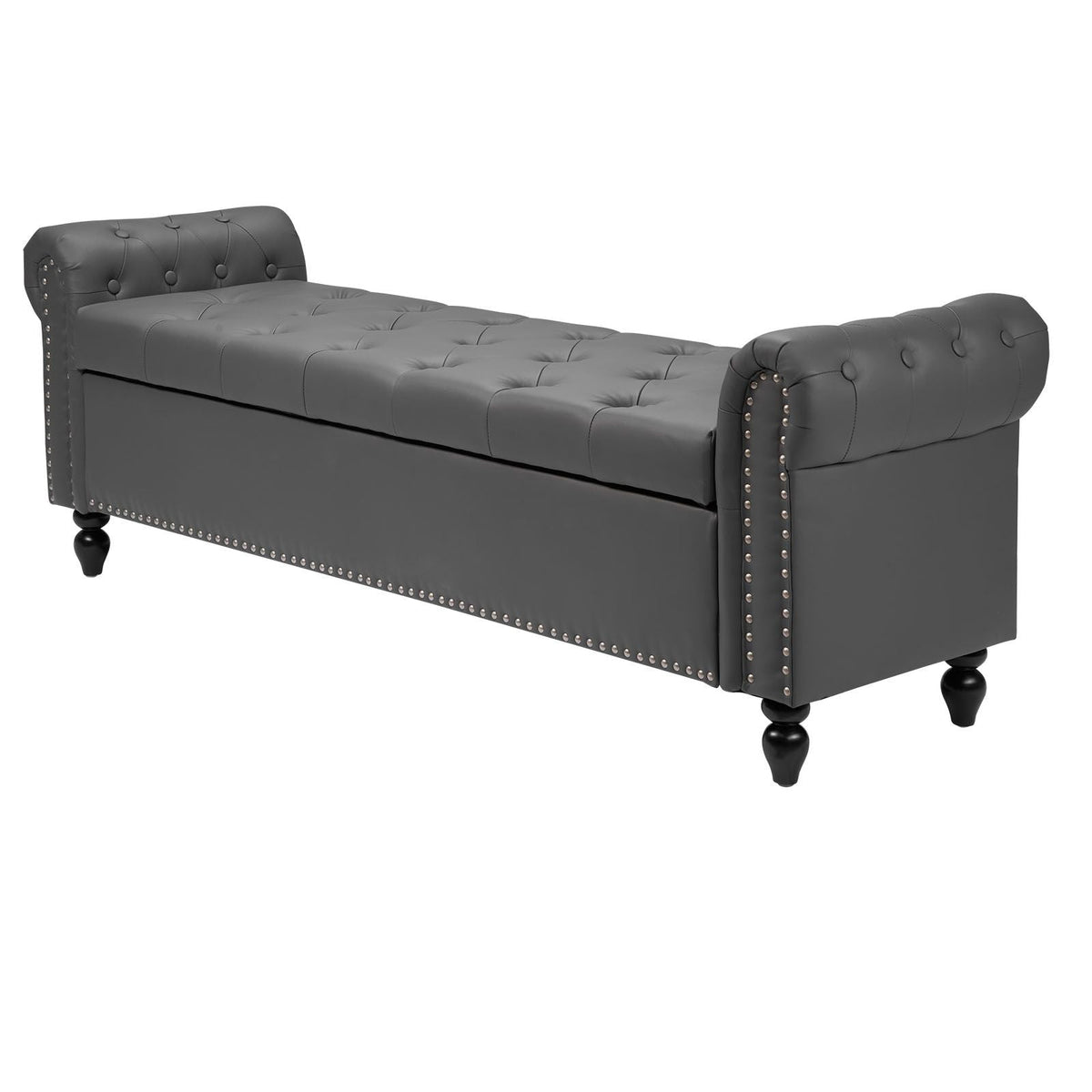 Button-Tufted Storage Ottoman Bench, Rolled Arm PU Leather Bench with Solid Wood Legs, Modern Shoe Benches Seat for Entryway, Upholstered End of Bed Benches for Living Room, Dining Room, Gray