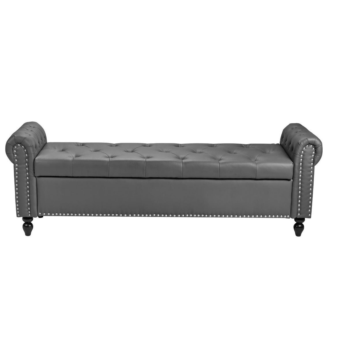 Button-Tufted Storage Ottoman Bench, Rolled Arm PU Leather Bench with Solid Wood Legs, Modern Shoe Benches Seat for Entryway, Upholstered End of Bed Benches for Living Room, Dining Room, Gray