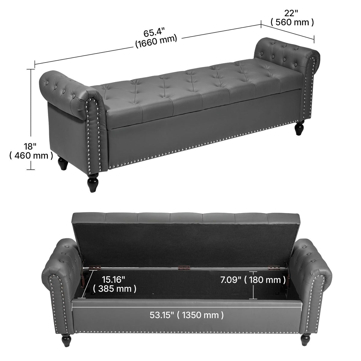 Button-Tufted Storage Ottoman Bench, Rolled Arm PU Leather Bench with Solid Wood Legs, Modern Shoe Benches Seat for Entryway, Upholstered End of Bed Benches for Living Room, Dining Room, Gray