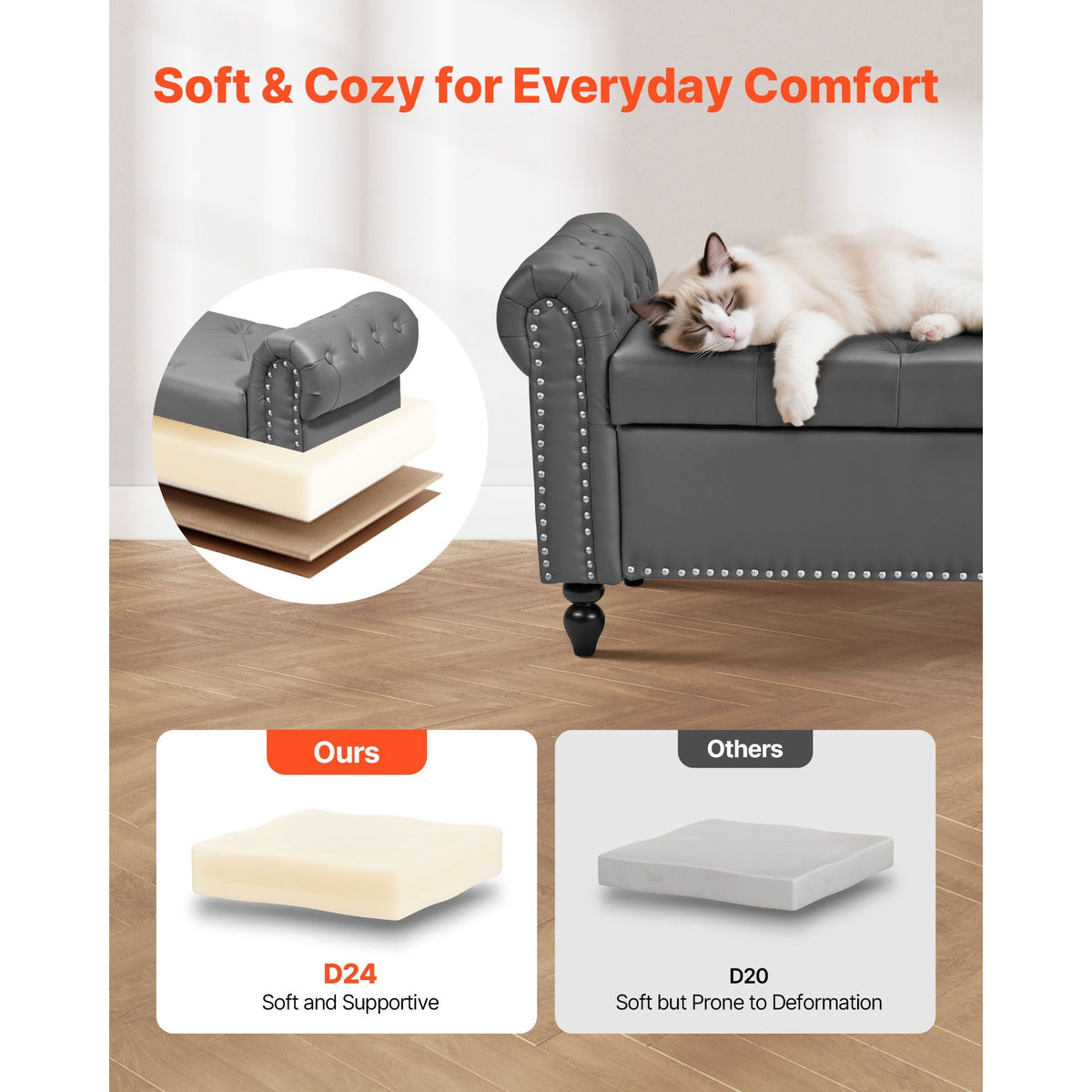 Button-Tufted Storage Ottoman Bench, Rolled Arm PU Leather Bench with Solid Wood Legs, Modern Shoe Benches Seat for Entryway, Upholstered End of Bed Benches for Living Room, Dining Room, Gray