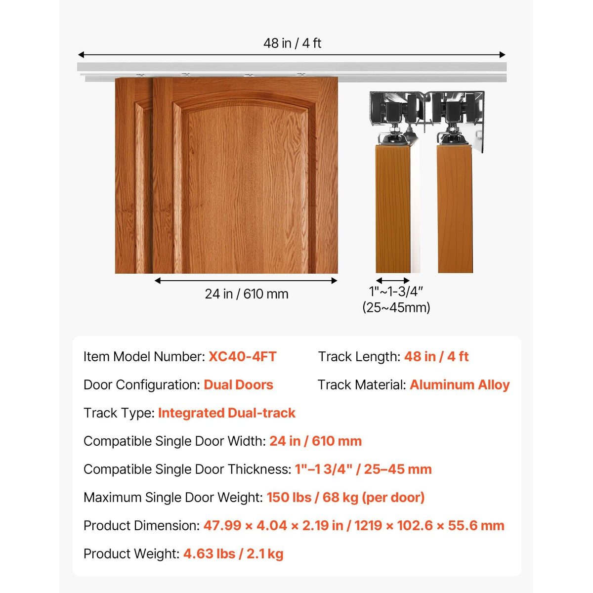 Bypass Sliding Door Hardware Kit, 4 ft Aluminum Alloy Dual-Track Bypass Door Hardware, Smooth and Quiet Sliding, Easy to Install, for 1" to 1 3/4" Thickness 24" Width 2 Door System, for Closet