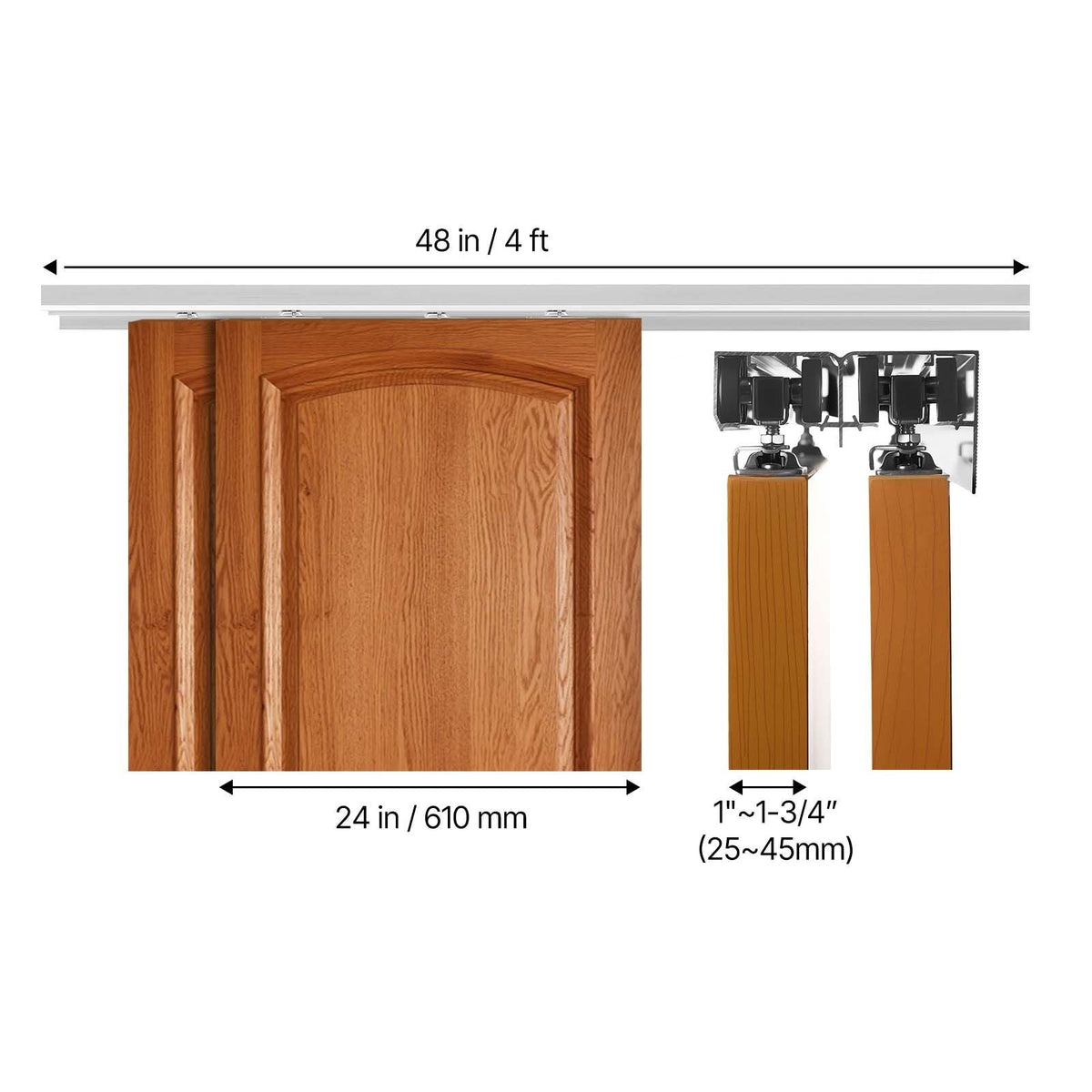 Bypass Sliding Door Hardware Kit, 4 ft Aluminum Alloy Dual-Track Bypass Door Hardware, Smooth and Quiet Sliding, Easy to Install, for 1" to 1 3/4" Thickness 24" Width 2 Door System, for Closet