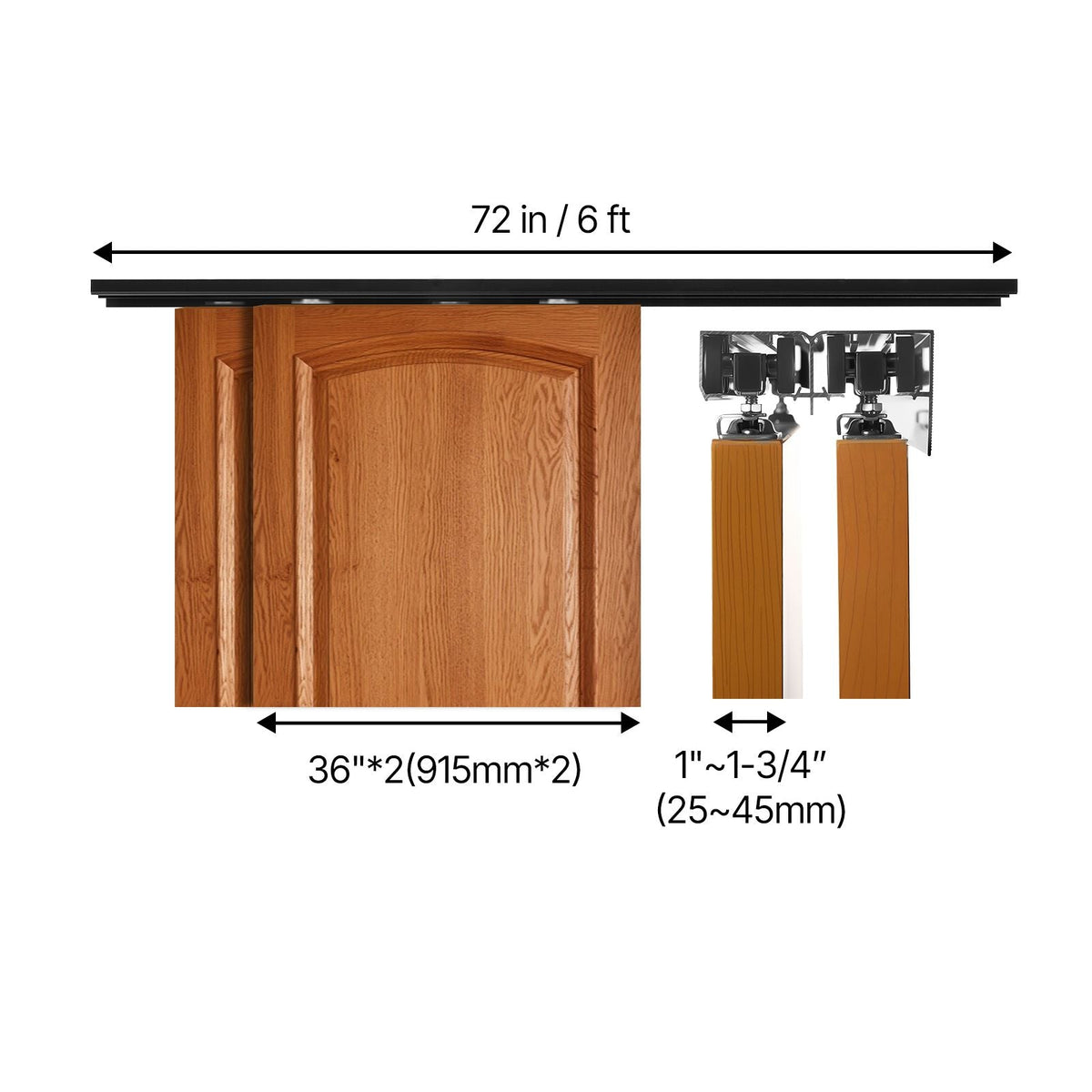 Bypass Sliding Door Hardware Kit, 6 ft Aluminum Alloy Dual-Track Bypass Door Hardware, Smooth and Quiet Sliding, Easy to Install, for 1" to 1 3/4" Thickness 36" Width 2 Door System, for Closet