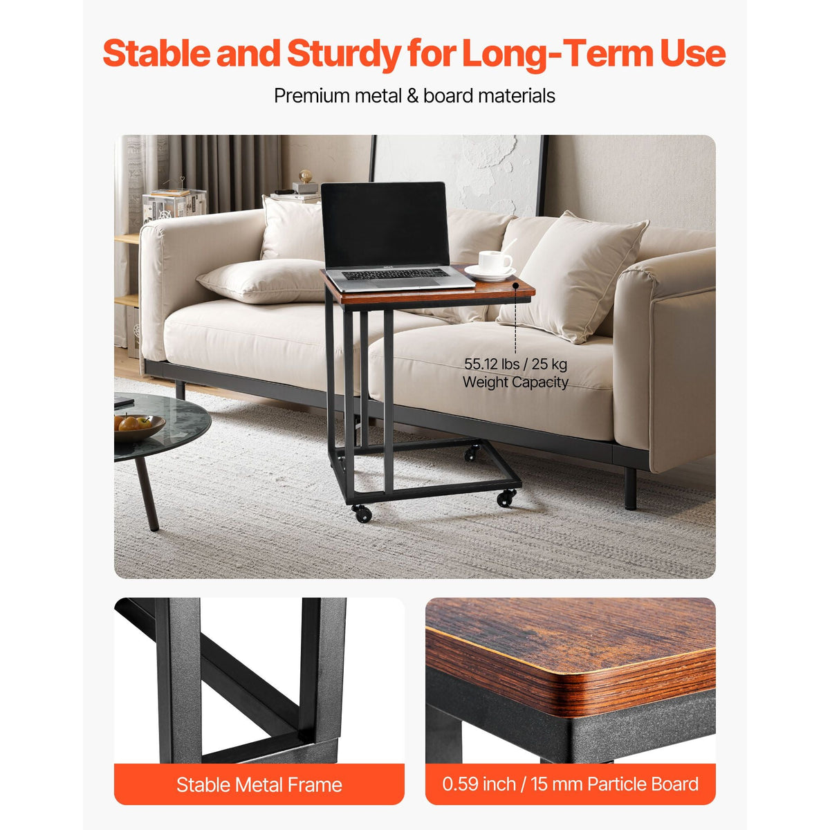 C Table, C Shaped Sofa Side Table with Metal Frame Rolling Casters, Portable C Shaped End Stand for Living Room Bedroom Office, 19.69 x 13.78 x 23.82 inches Laptop Side Tables, Brown and Black