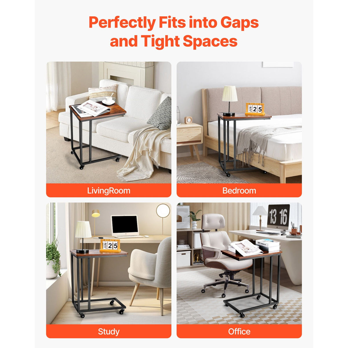 C Table, C Shaped Sofa Side Table with Metal Frame Rolling Casters, Portable C Shaped End Stand for Living Room Bedroom Office, 19.69 x 13.78 x 23.82 inches Laptop Side Tables, Brown and Black