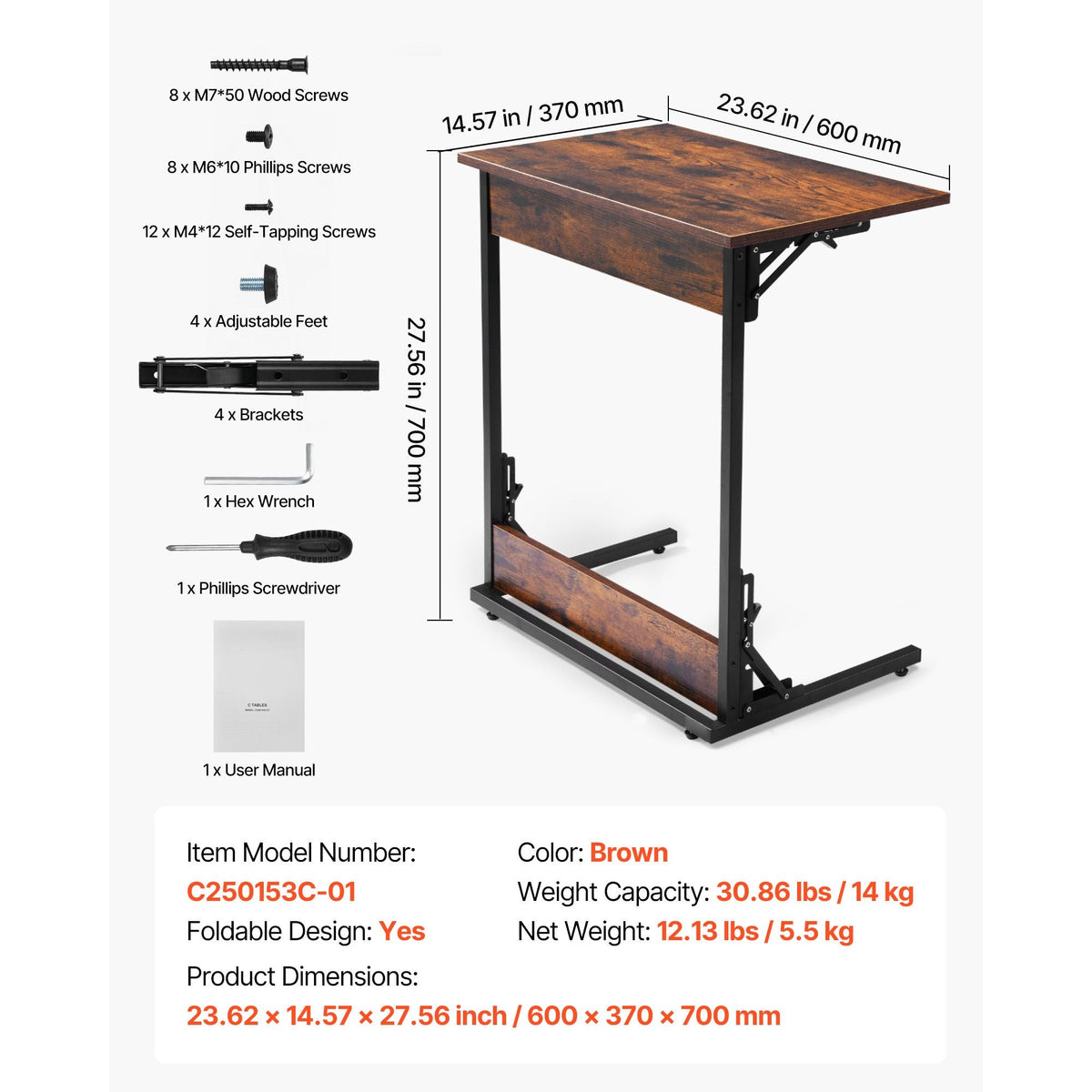 C Table, Folding C Shaped End Table with Metal Frame & Adjustable Feet, Foldable C Shaped Side Table for Living Room Bedroom Office, 23.62 x 14.57 x 27.56 inch C Shaped TV Tray, Brown and Black