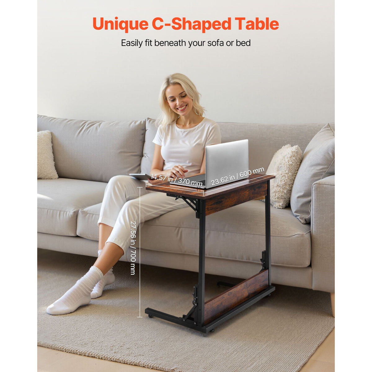 C Table, Folding C Shaped End Table with Metal Frame & Adjustable Feet, Foldable C Shaped Side Table for Living Room Bedroom Office, 23.62 x 14.57 x 27.56 inch C Shaped TV Tray, Brown and Black