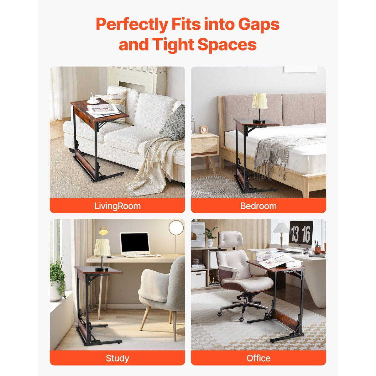 C Table, Folding C Shaped End Table with Metal Frame & Adjustable Feet, Foldable C Shaped Side Table for Living Room Bedroom Office, 23.62 x 14.57 x 27.56 inch C Shaped TV Tray, Brown and Black