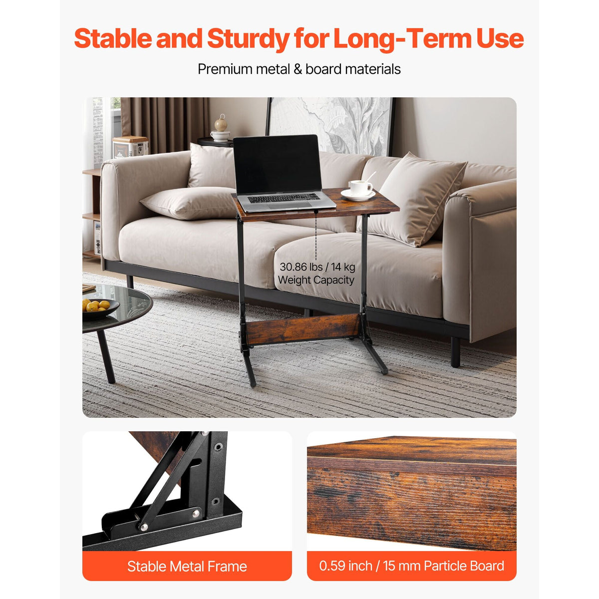 C Table, Folding C Shaped End Table with Metal Frame & Adjustable Feet, Foldable C Shaped Side Table for Living Room Bedroom Office, 23.62 x 14.57 x 27.56 inch C Shaped TV Tray, Brown and Black