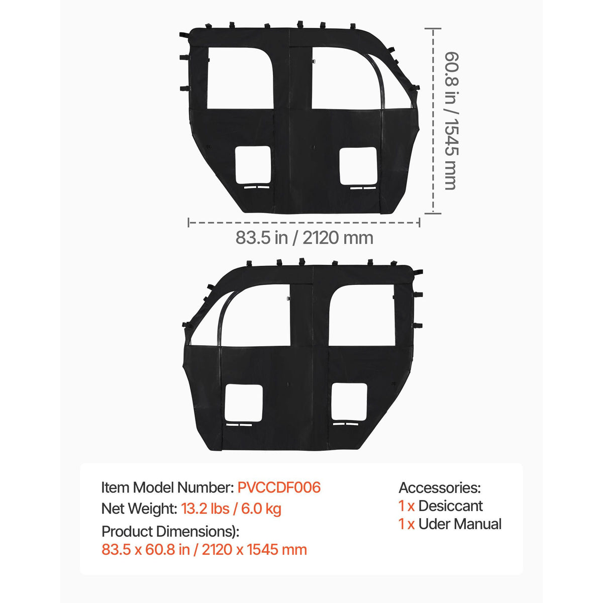 Cab Enclosure Upper Doors, Compatible with CFMOTO Uforce 1000 XL 2022-2024, Soft Upper Doors, Windproof Waterproof Upgraded Zipper UTV Soft Side Window Kit, Fit with Side Mirrors and Windshields