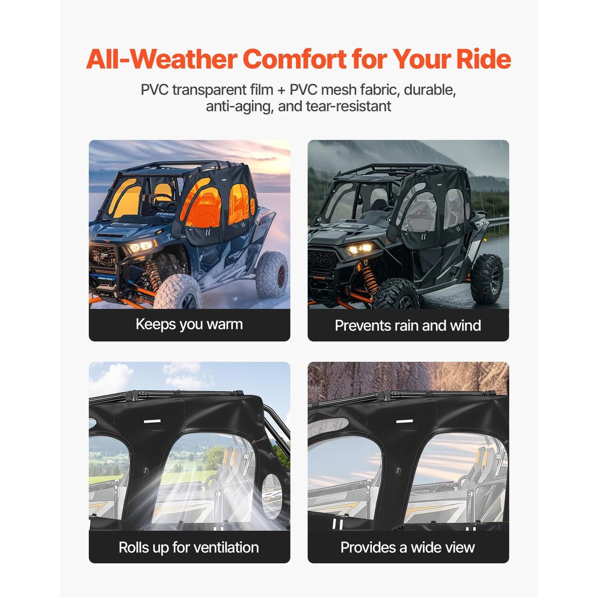 Cab Enclosure Upper Doors, Compatible with Polaris RZR XP4 1000/Turbo 2014-2023, Soft Upper Doors, Windproof Upgraded Zipper UTV Soft Side Window Kit, Work with Side Mirrors and Windshields
