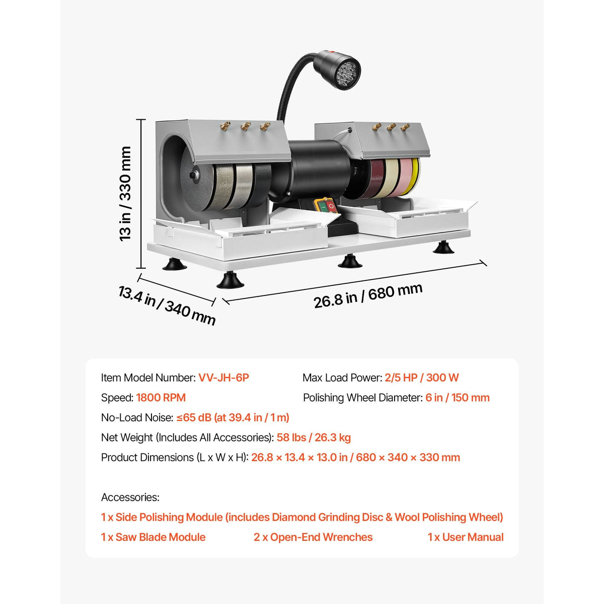 Cabbing Machine, 6" 2/5 HP 1800 RPM Efficient, Lapidary Rock Grinder Polisher With Diamond and Resin Wheels, LED Lamp, Water System, Lapidary Equipment for Gemstone Grinding, Stone Polishing