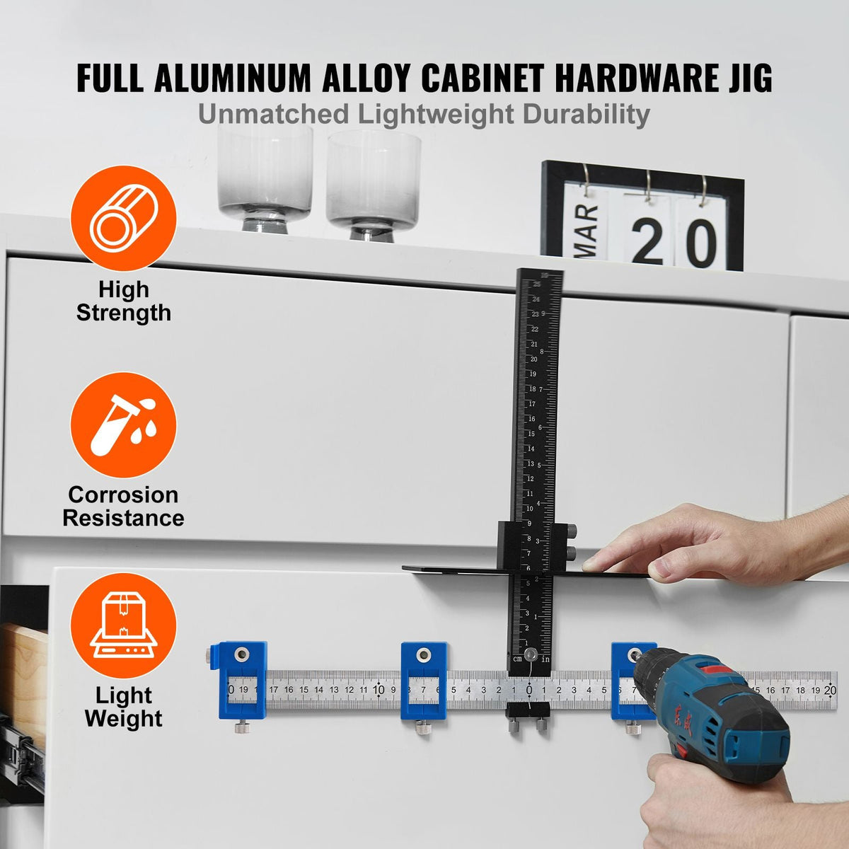 Cabinet Hardware Jig, Aluminum Alloy and Stainless Steel Cabinet Handle Jig with Center Punch, Adjustable Cabinet Hardware Template for Installation of Door Drawer Front Knobs Handles and Pulls