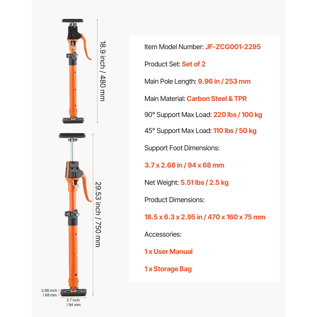 Cabinet Jack Support Pole, 2-Pack, 18.9-29.5 Inch Steel Telescopic Quick Support Rod, Adjustable 3rd Hand System up to 220 lbs Capacity for Installing Cabinets, Lifting Drywall, Cargo Bars
