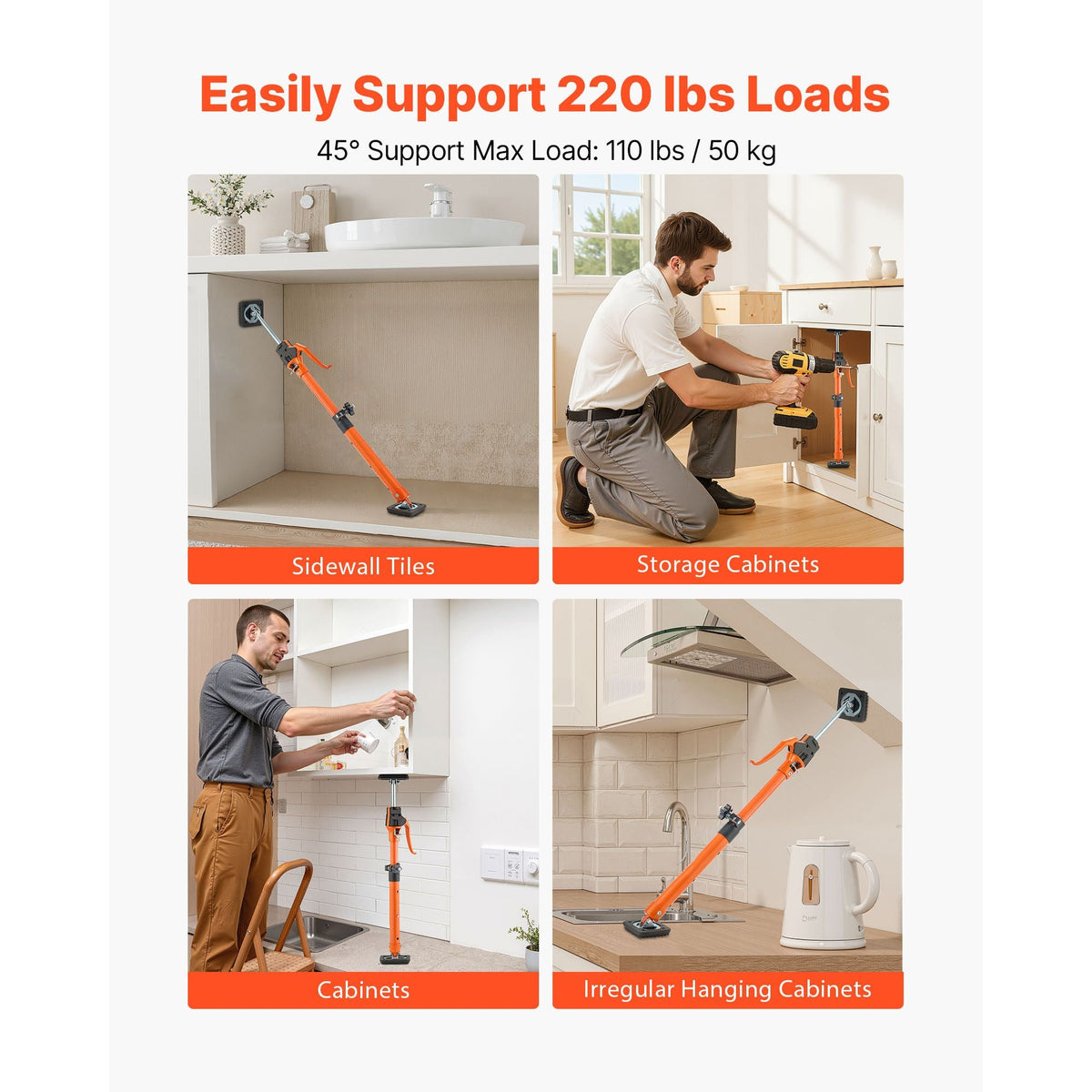 Cabinet Jack Support Pole, 2-Pack, 18.9-29.5 Inch Steel Telescopic Quick Support Rod, Adjustable 3rd Hand System up to 220 lbs Capacity for Installing Cabinets, Lifting Drywall, Cargo Bars