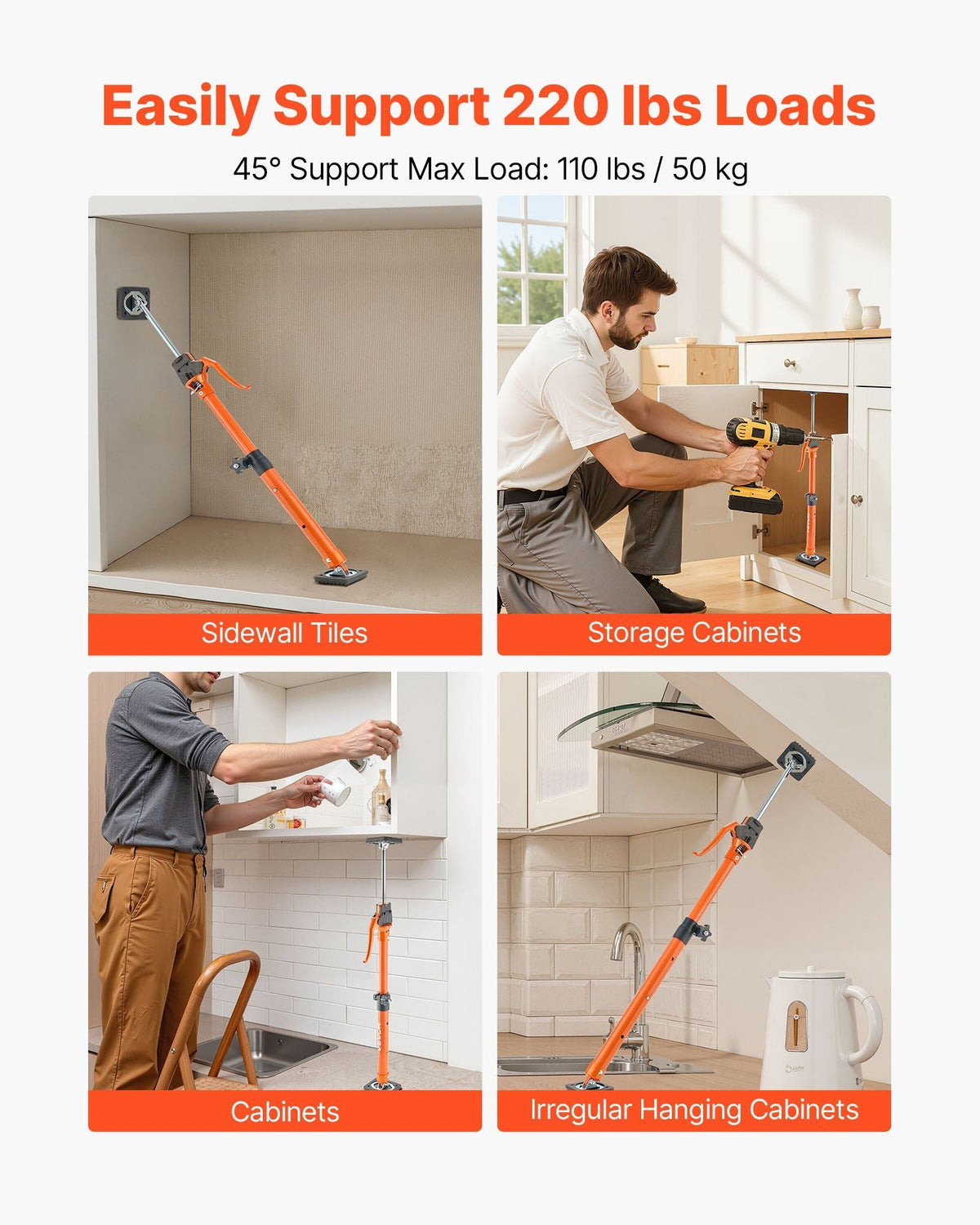 Cabinet Jack Support Pole, 2-Pack, 25.4-45.3 Inch Steel Telescopic Quick Support Rod, Adjustable 3rd Hand System up to 220 lbs Capacity for Installing Cabinets, Lifting Drywall, Cargo Bars