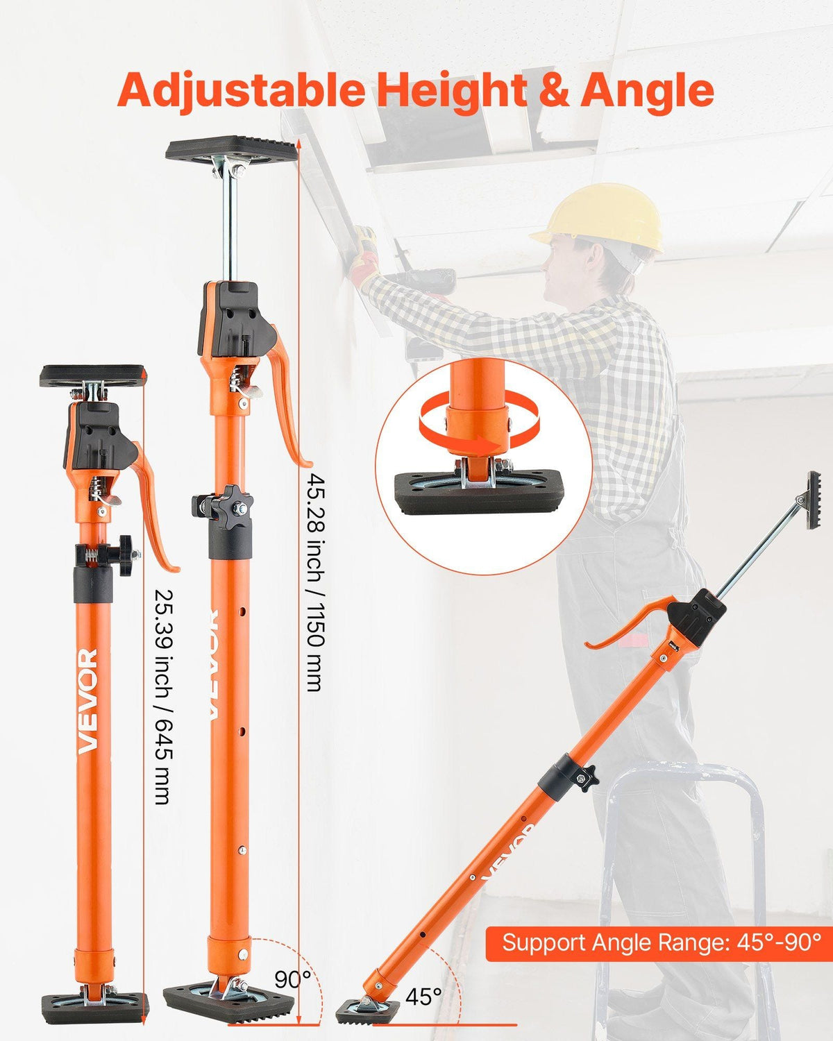 Cabinet Jack Support Pole, 2-Pack, 25.4-45.3 Inch Steel Telescopic Quick Support Rod, Adjustable 3rd Hand System up to 220 lbs Capacity for Installing Cabinets, Lifting Drywall, Cargo Bars