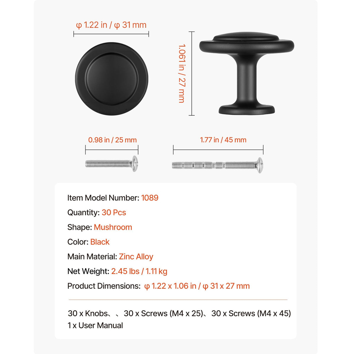 Cabinet Knobs, 30 Pack, 1.22 Inch Black Zinc Alloy Drawer Pulls & Door Handles, Mushroom Kitchen Solid Knobs Dresser Handles, Cupboard Hardware with Screws for Bathroom Closet Cabinets Drawers