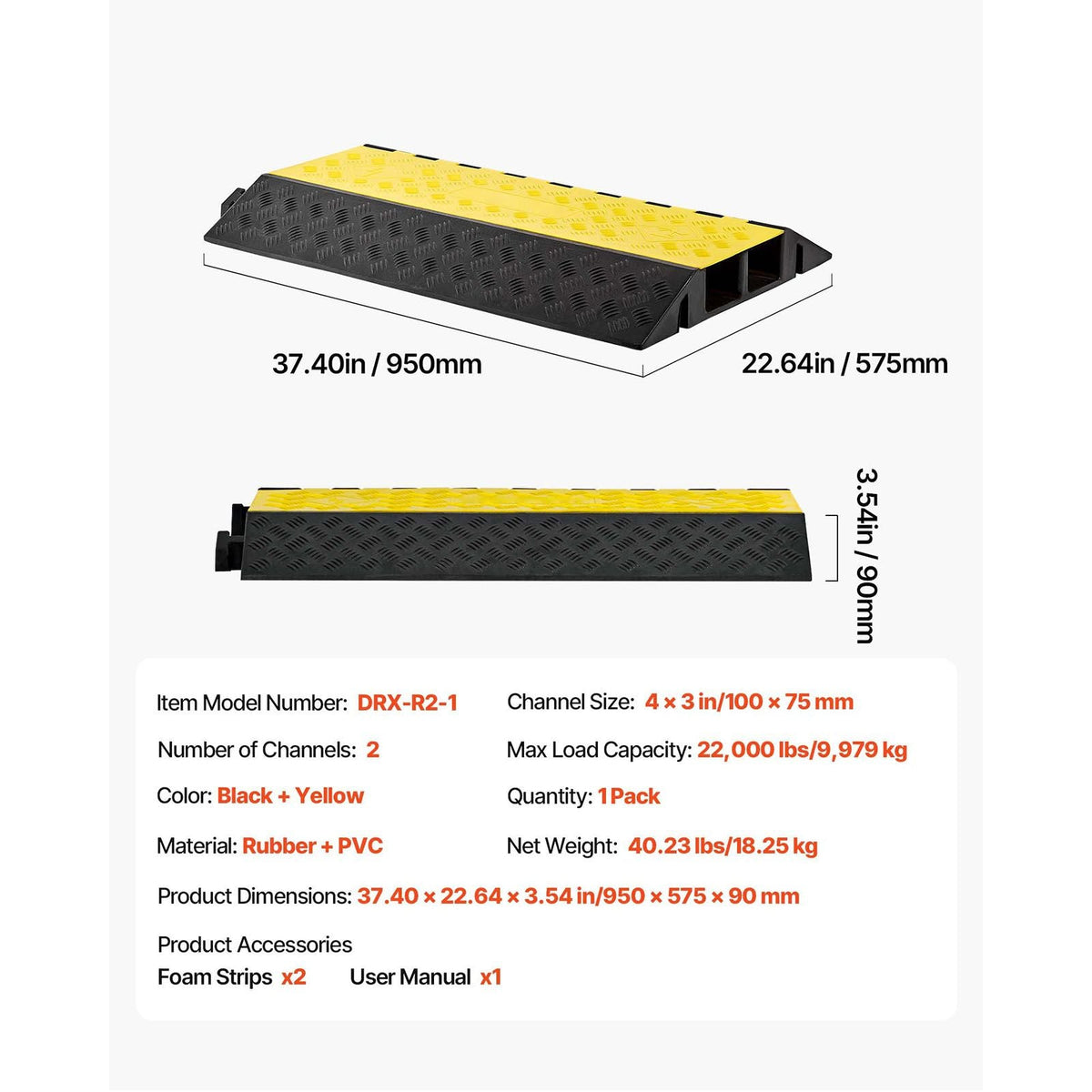Cable Protector Ramp, 22,000 lbs/axle Capacity, 2 Channel Heavy Duty Rubber Cord Hose Wire Cover, 4 x 3 in Channel, Traffic Speed Bump with Flip-Open Top Cover, for Indoor Outdoor Use, 1 Pack