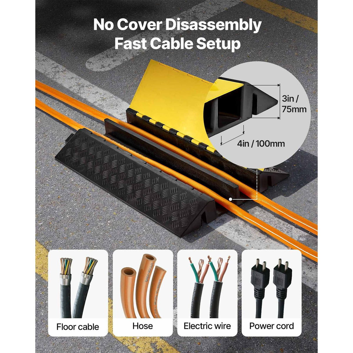 Cable Protector Ramp, 22,000 lbs/axle Capacity, 2 Channel Heavy Duty Rubber Cord Hose Wire Cover, 4 x 3 in Channel, Traffic Speed Bump with Flip-Open Top Cover, for Indoor Outdoor Use, 1 Pack