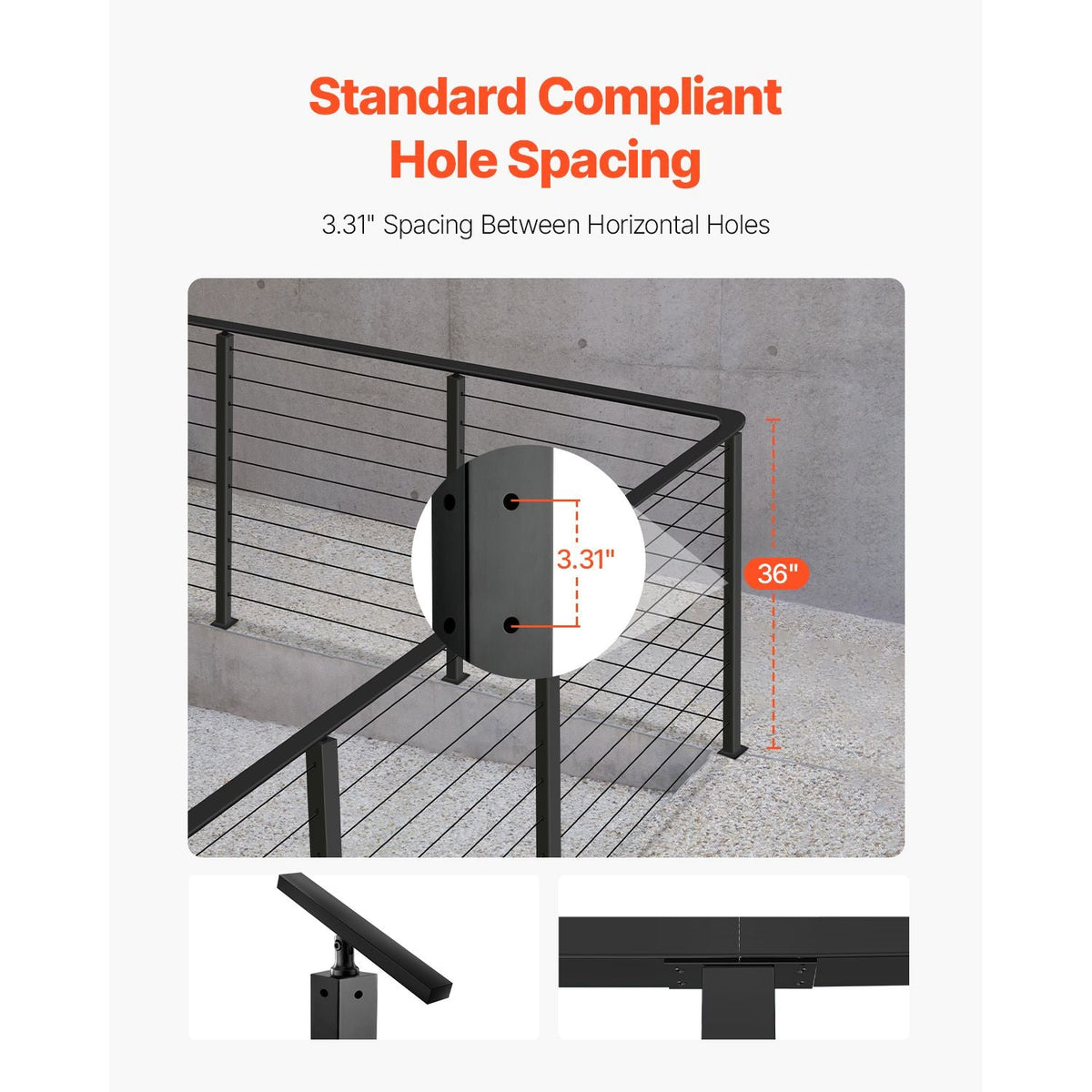 Cable Railing Post, 36x1x2 Inch Corner Railing Post, with L-Shaped Pre-Drilled Holes, Stainless Steel Cable Rail Post with Horizontal and Curved Bracket, 1-Pack, Black, 1JZLGZXHS914IVCFL001V0